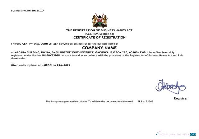 Download Kenya certificate of registration Word and PDF template Photoshop template